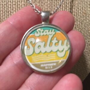 Christian Silver-Toned Necklace | 22" Chain | Glass Cabochon Pendant Stay Salty